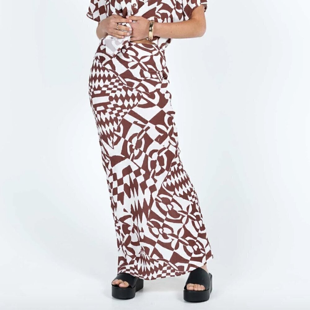 Princess Polly Bekka Brown & White Patterned Maxi Skirt 4 - Picture 6 of 9